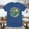 Best Snowmobile Dad Ever text with vintage snowmobile and mountain graphic on a blue t-shirt