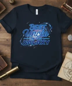 Best Uncle In The Galaxy text design with a starry nebula background and neon blue outline on a dark navy