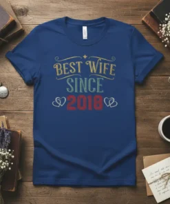 Blue t-shirt with distressed text "BEST WIFE SINCE 2018" and heart graphics, celebrating marriage anniversary