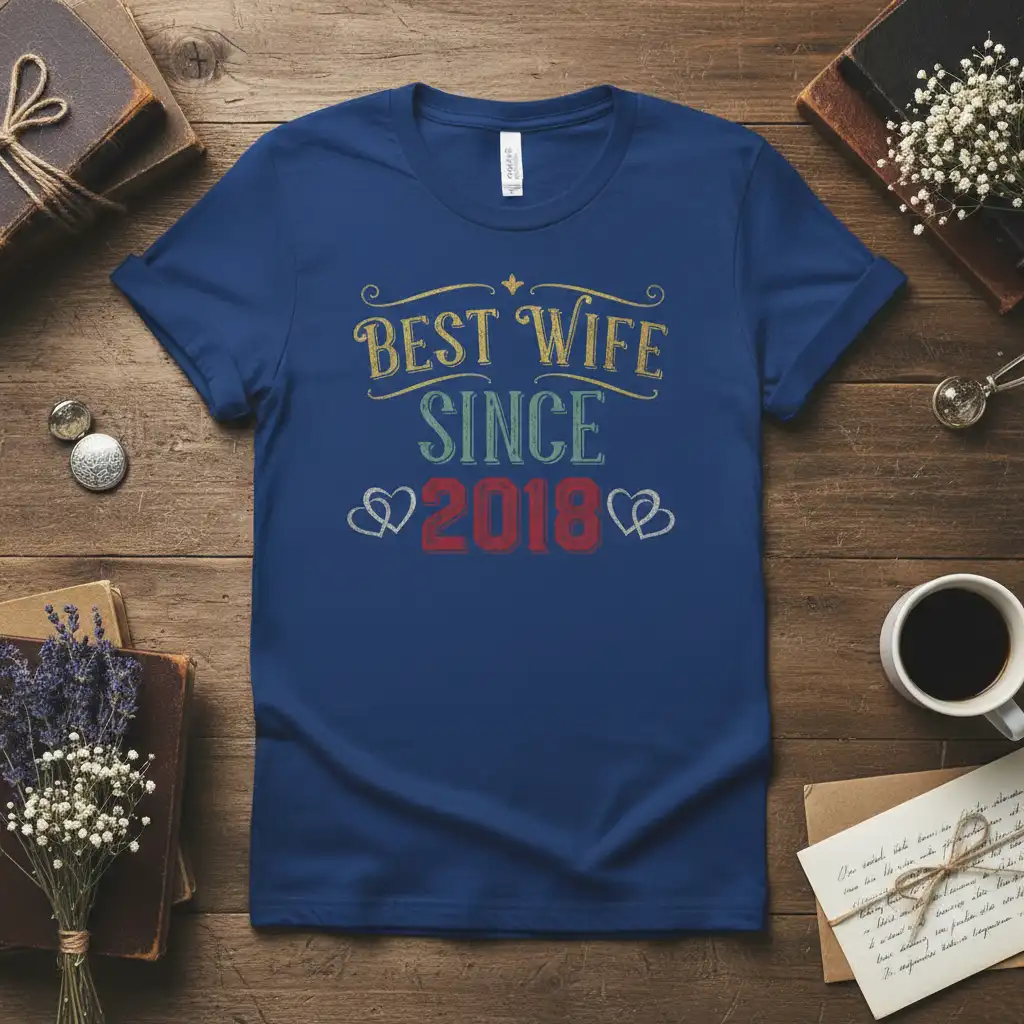 Best Wife Since 2018 quote on a blue t-shirt, perfect for anniversary gift for wife