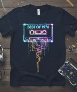 Best of 1974 retro cassette tape graphic t-shirt design with neon accents and digital circuits