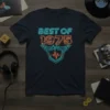 Retro neon graphic t-shirt with "BEST OF 1975" text in turquoise and orange, featuring a shield and heartbeat line design