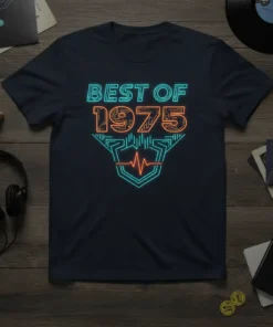 Retro neon graphic t-shirt with "BEST OF 1975" text in turquoise and orange, featuring a shield and heartbeat line design