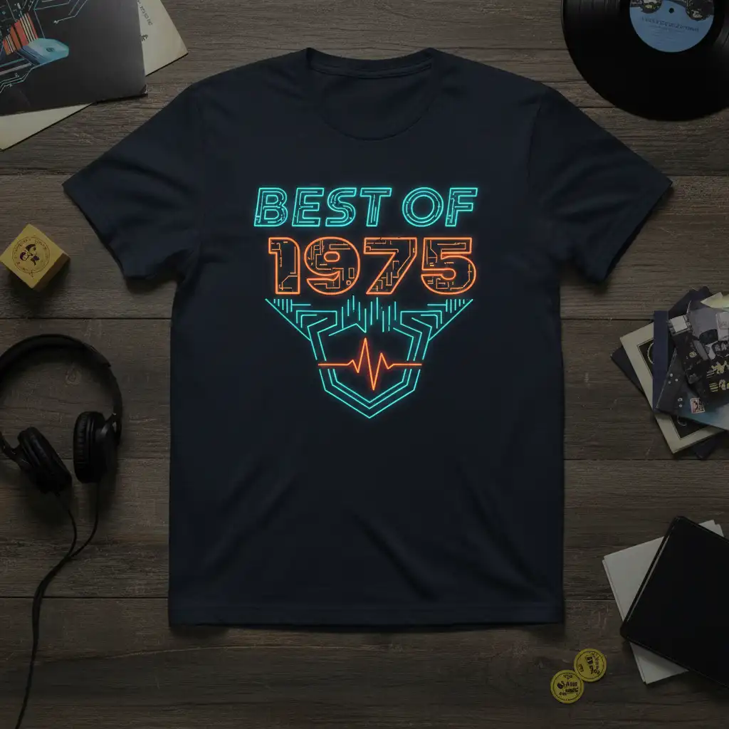 BEST OF 1975 retro neon graphic t-shirt design with turquoise and orange accents