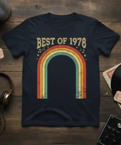 Vintage "Best of 1978" t-shirt with a retro rainbow graphic and musical notes