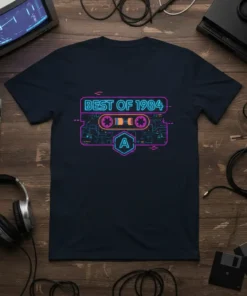 Retro cassette tape design with "BEST OF 1984" text in neon blue and purple, on a navy blue t-shirt