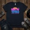 Retro neon graphic t-shirt with "BEST OF 1986" text and palm trees, featuring a sunset and repeating year pattern