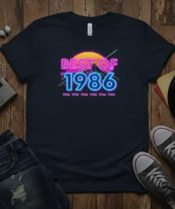 Retro neon graphic t-shirt with "BEST OF 1986" text and palm trees, featuring a sunset and repeating year pattern