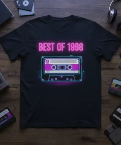 Retro neon "BEST OF 1988" text above a pink and purple cassette tape graphic on a black t-shirt