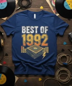BEST OF 1992 text with retro vinyl record graphic on a blue t-shirt, vintage style