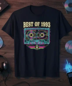 Best of 1993 retro cassette tape design with neon accents and a vintage feel