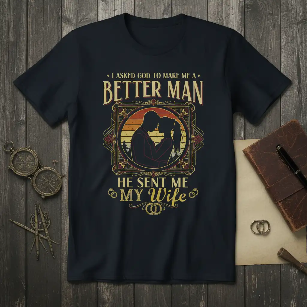 I Asked God To Make Me A Better Man He Sent Me My Wife quote t-shirt design with couple silhouette