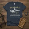 Beware I Ride Horses quote t-shirt with pitchforks, hay, and horse graphic, detailing farm animal challenges