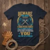 Beware I Ride Horses quote t-shirt with horses and pitch forks graphic, featuring the text "I Own Pitch Forks" and