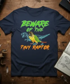 Beware Of The Tiny Raptor t-shirt design with a green conure parrot and dinosaur skeletons, featuring neon green and orange