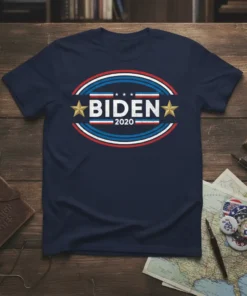 Biden 2020 campaign logo with stars and stripes on a navy blue t-shirt