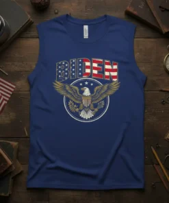BIDEN text with American flag design above a majestic eagle with outstretched wings, on a blue t-shirt