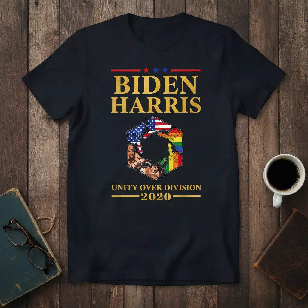 Biden Harris Unity Over Division 2020 political t-shirt with diverse hands graphic and slogan