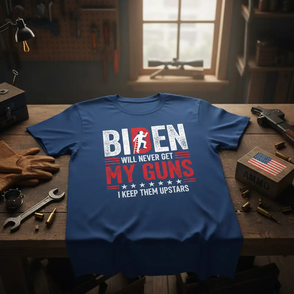 Biden Will Never Get My Guns I Keep Them Upstairs text design with climbing figure, bold distressed typography, and patriotic undertones on