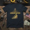 Bidenflation t-shirt with gold lettering, rising bar graph, oil derrick, and American flag graphic