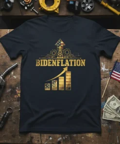 Bidenflation t-shirt with gold lettering, rising bar graph, oil derrick, and American flag graphic