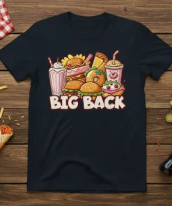 Big Back Junk Food T-Shirt featuring a collection of burgers, donuts, milkshakes, and fries with bold text