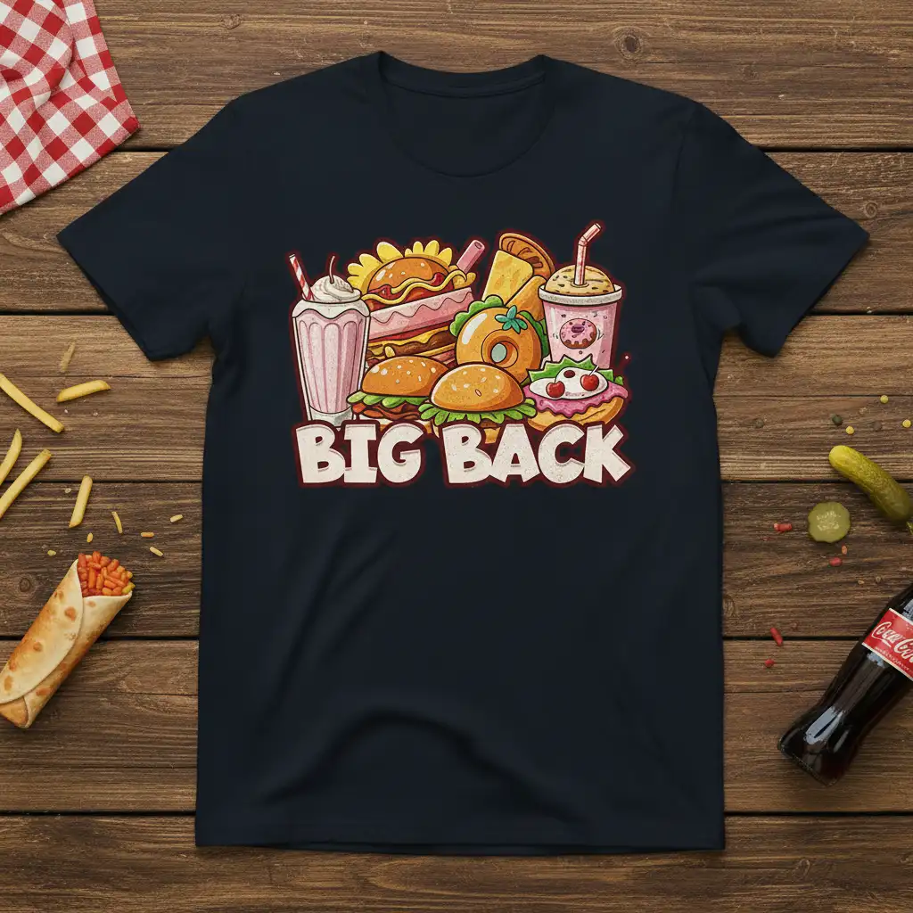 Big Back junk food graphic t-shirt design with burgers, donuts, and milkshakes