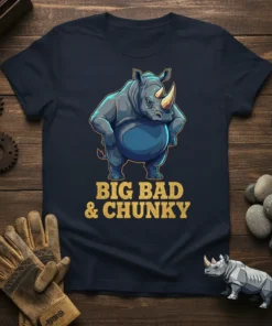 Big Bad & Chunky Rhino T-Shirt with a cartoon rhino graphic and golden text