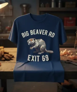 BIG BEAVER RD EXIT 69 t-shirt with a geometric beaver graphic and white text