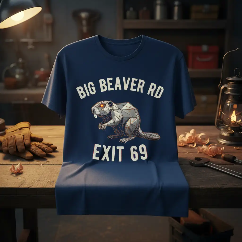 BIG BEAVER RD EXIT 69 text and geometric beaver graphic on a navy blue t-shirt