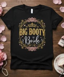 Black t-shirt with "BIG BOOTY Bride" text in gold glitter and white script, surrounded by decorative floral elements and a