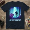 Big Cats & Bigfoot t-shirt design featuring a purple cat and Bigfoot in a glowing forest