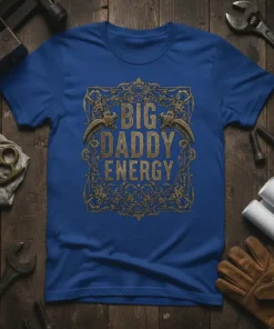 Big Daddy Energy text in a distressed gold font within an ornate frame on a royal blue t-shirt