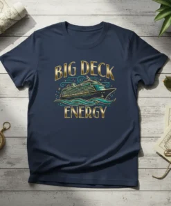 Big Deck Energy cruise ship design with golden text and teal accents on a navy t-shirt