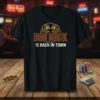 BIG DICK IS BACK IN TOWN text with lion graphics on a black t-shirt design