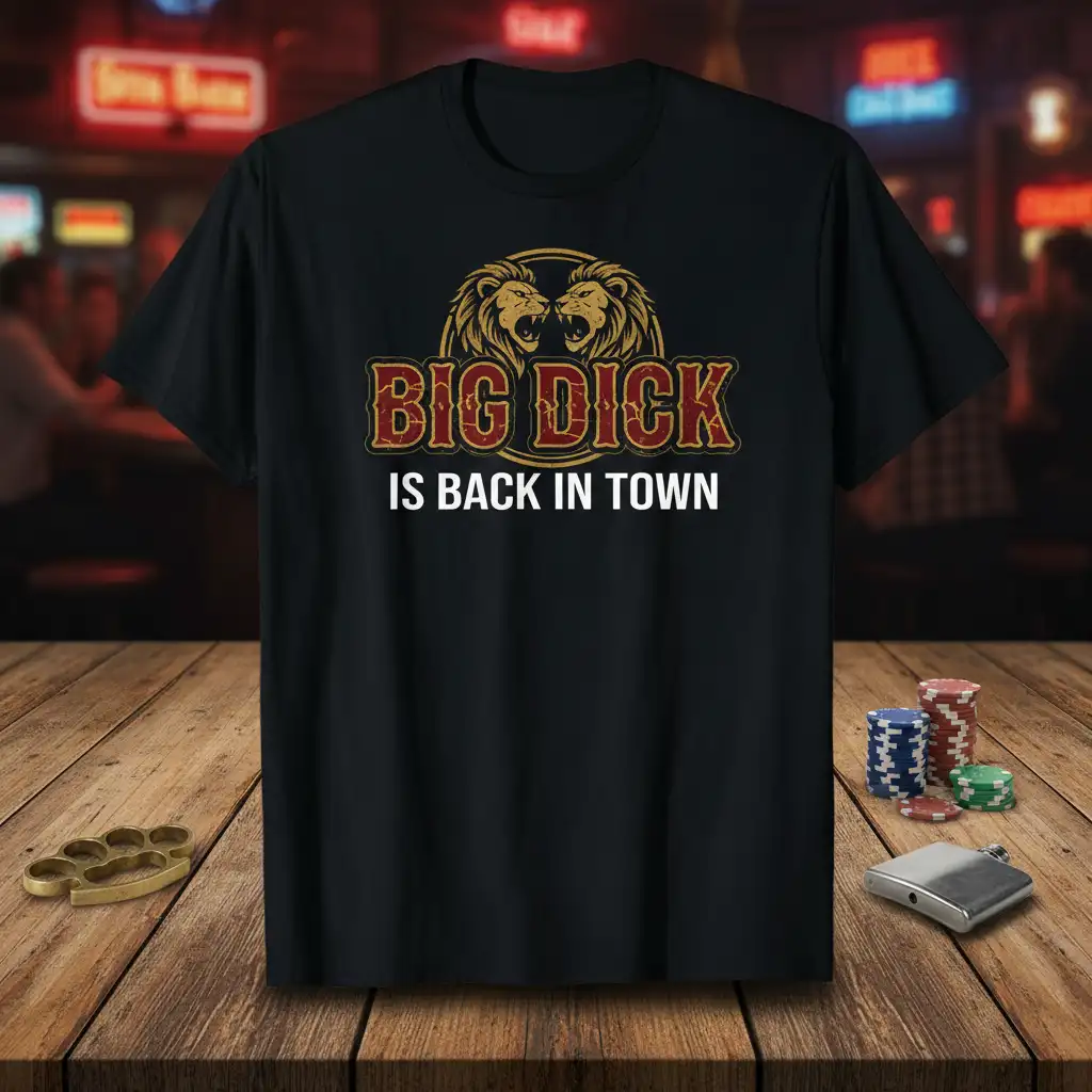 BIG DICK IS BACK IN TOWN humorous quote with lion emblems on a black graphic tee