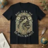 T-shirt with "Big Fan Of Human Rights" text and a decorative peacock illustration in vintage style