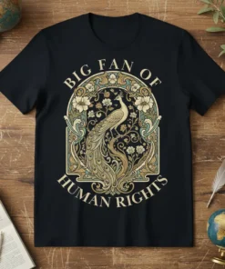 T-shirt with "Big Fan Of Human Rights" text and a decorative peacock illustration in vintage style
