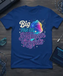 Big Fan of Human Rights text with a vibrant, geometric crystal graphic on a blue t-shirt