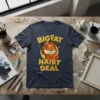 BIG FAT HAIRY DEAL text with Garfield character on a dark t-shirt design