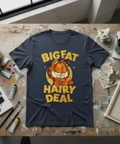 BIG FAT HAIRY DEAL text with Garfield character on a dark t-shirt design