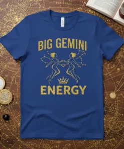 Big Gemini Energy t-shirt with glitter gold text and Gemini zodiac symbol, featuring two female figures and a crown