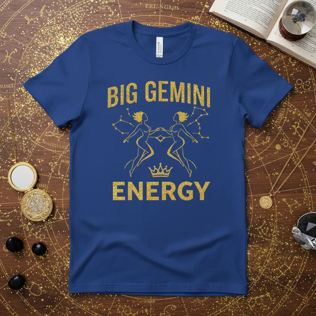 Big Gemini Energy zodiac t-shirt design with gold glitter text and celestial graphics representing the Gemini twins