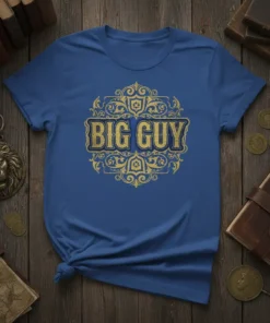 Blue t-shirt with gold "BIG GUY" text in vintage ornate frame, primary keyword big guy
