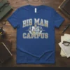 Big Man On Campus text with shield and flame graphic on a blue t-shirt, college student apparel