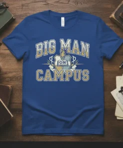 Big Man On Campus text with shield and flame graphic on a blue t-shirt, college student apparel