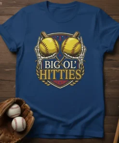 Big Ol' Hitties softball quote t-shirt design with skeleton hands holding softballs and crossed bats