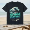 Big Wave Surfers T-Shirt design featuring sharks, Bigfoot, and an alien surfing on a large ocean wave