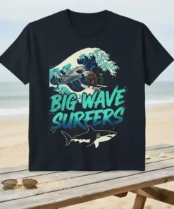 Big Wave Surfers T-Shirt design featuring sharks, Bigfoot, and an alien surfing on a large ocean wave