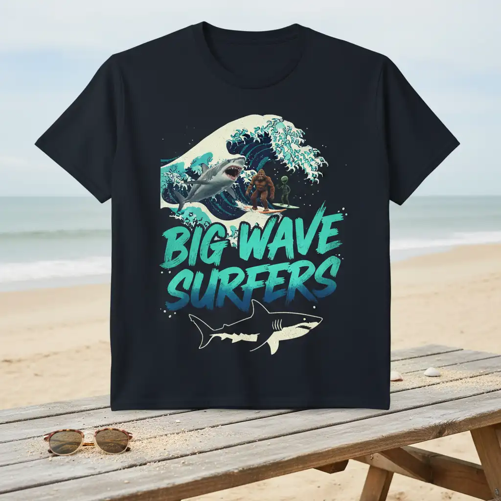 Big Wave Surfers text graphic with sharks, Bigfoot, and alien riding a large ocean wave illustration